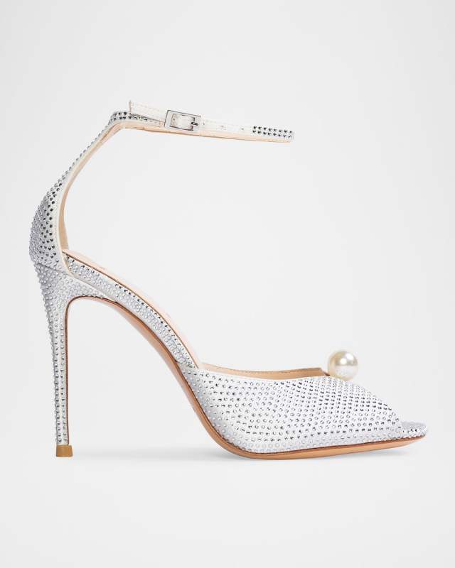 Crystal Pearly Peep-Toe Cocktail Sandals